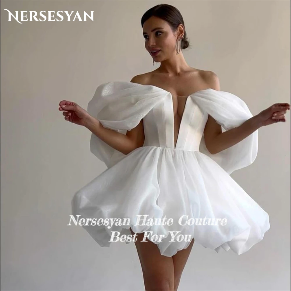 Nersesyan Elegant Glitter Mini Wedding Dresses V-Neck A-Line Short Sleeves Pleated Brial Gowns Backless Sparkly 2024 Bride Dress