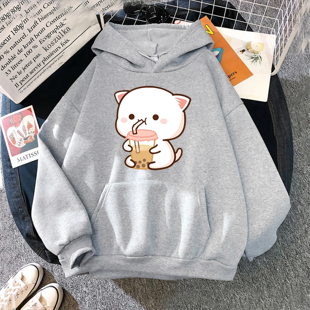 Women's Kangaroo Pocket Hoodie Peach and Rubber Cartoon Hoodies Girl Cat Drink Milk Tea Sweatshirt Autumn Winter Pullover