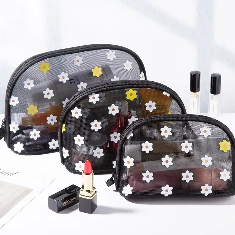 Cute Daisy Print Mesh Makeup Bag Transparent Portable Cosmetic Storage Pouch Ladies Travel Toiletry Lipstick Organizer Bags