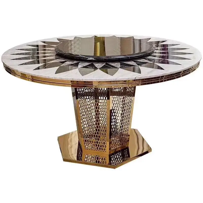 Luxury Gold Stainless Steel Frame Marble Top Round Banquet Hotel Wedding Dining Table