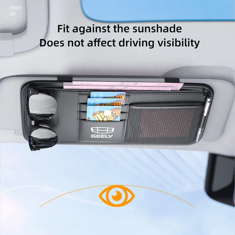 Car Sun Visor Organizer Storage For Geely Atlas Coolray Emgrand EC7 EC8 EX7 Sunshade Card Holder Sunglasses Clip Stowing Tidying