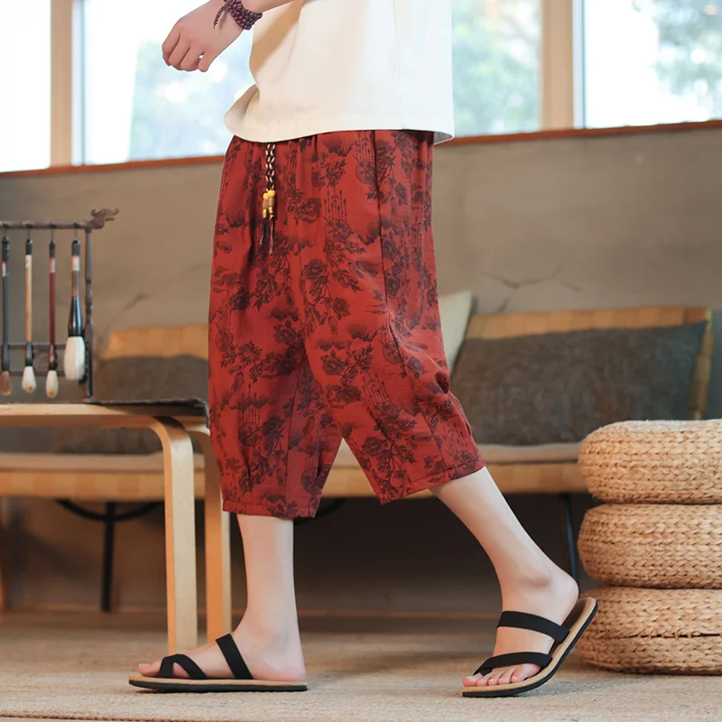 

Летние дышащие пляжные шорты средней длины с принтом в стиле ретро, мужские шорты больших размеров, модные повседневные брюки семи четвертей