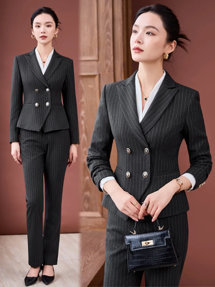 Double-breasted black striped women's suit for spring and autumn, hotel manager suit, jewelry store salesperson, hotel front des