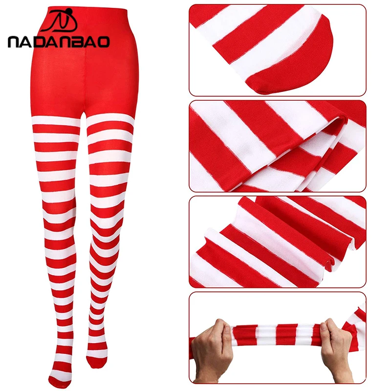Nadanbao Women Red Green Striped Leggings Sexy High Waist Slim Tights Christmas Party Thigh High Stocking Funny Cosplay Costume