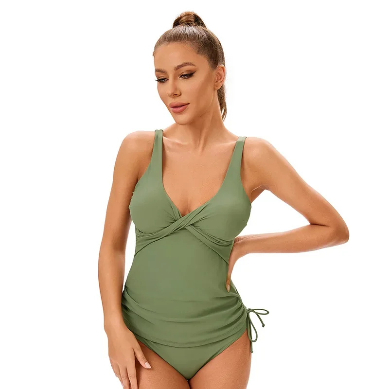 2025 ملابس السباحة مثير الصلبة Tankini مجموعة تعادل الرسن ملابس السباحة النساء Biquinis الصيف عارية الذراعين شاطئ ثوب السباحة البيكينيات