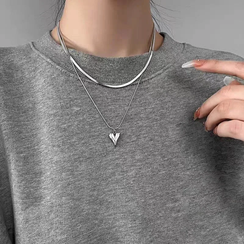 Double Layered Love Heart Pendant Necklace for Women Simple Necklace Chain Jewelry Wholesale image 2