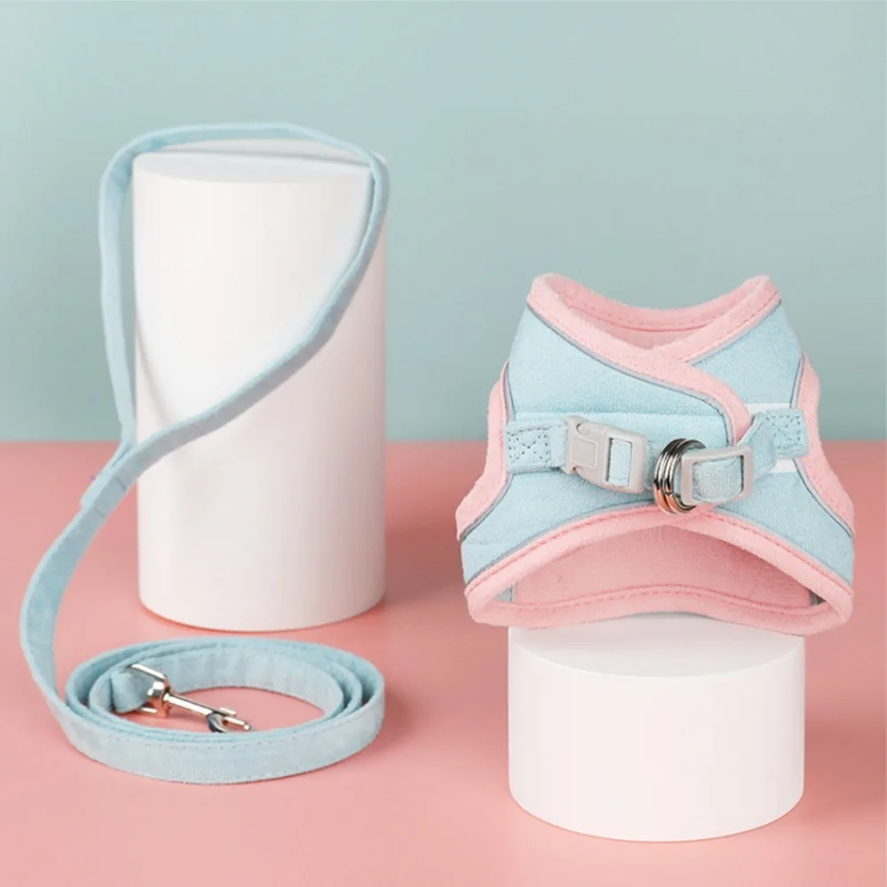 Suede Color Block Cat Harness Leash Set Escape Proof Dog Vest Harness Adjustable Walking Rope Lead for Cats Small Dogs view 5