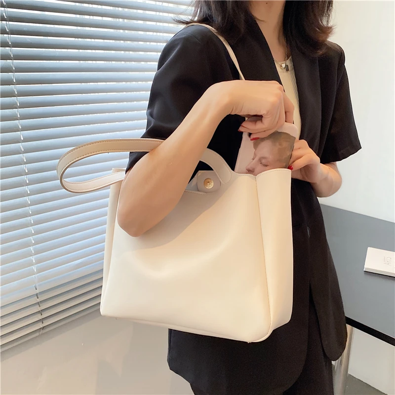 Luxury Solid Color Trend Women Tote Bag High Quality PU Leather Handbags Designer Female Casual Large Capacity Shoulder Bags