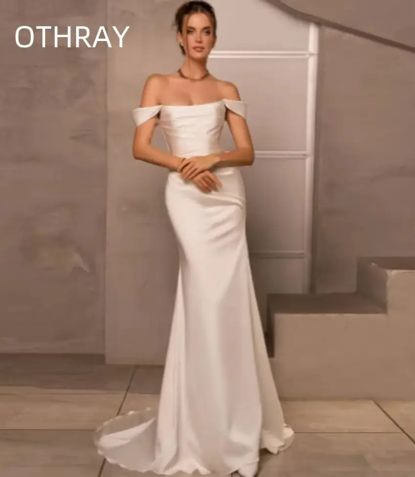 

Ivory Satin Off the Shoulder Mermaid Wedding Gowns for Women Bride Backless Cutout Trumpet Bridal Gown Simple Wedding Dress