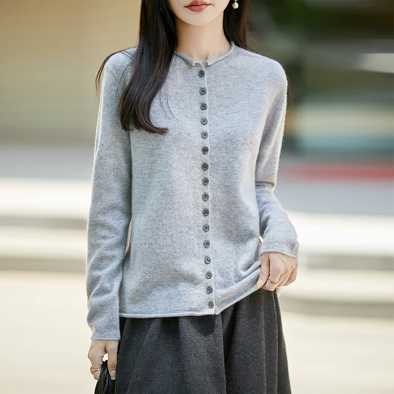 100% Wool Cardigan Sweater Women Single Breasted Long Sleeve Knitted Cardigans Female O-Neck Elegant Solid Jacket Autumn Winter