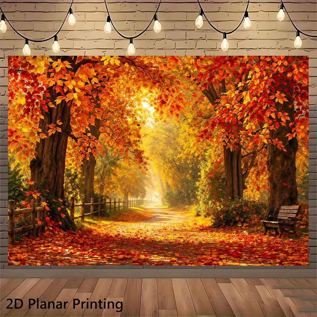 2D Flat,1pc Autumn Forest Path Tapestry 2DFlat Wall Hanging Golden Leaves Nature Decor for Living Room Bedroom Art Fabric Poster