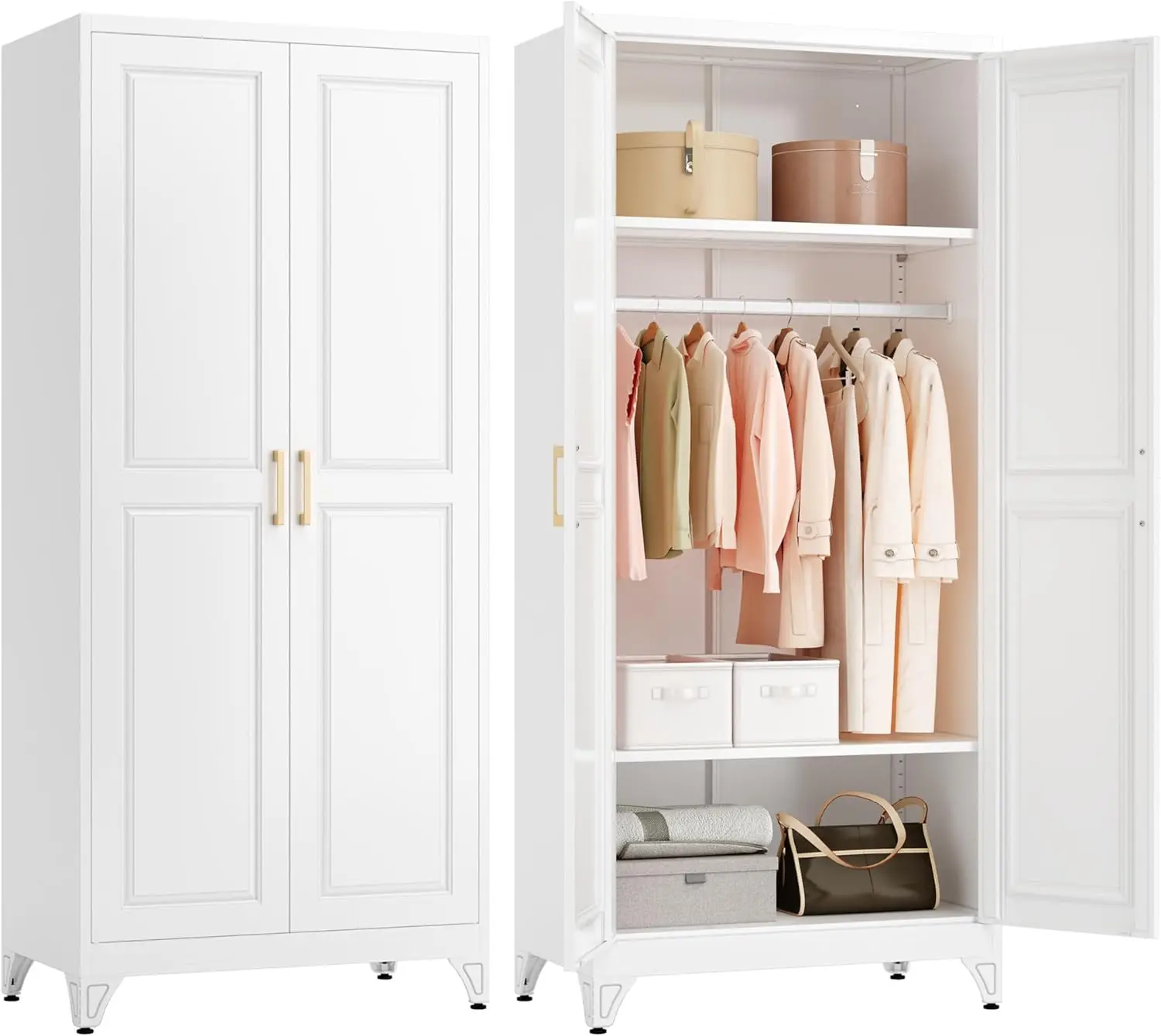 

Metal Armoire Wardrobe Closet with Doors and Shelves, 71" Tall Freestanding Wardrobe Cabinet for Hanging Clothes