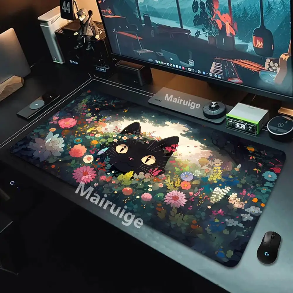 Gato bonito grande teclado de jogo mouse pad xl planta verde computador gamer tablet mause pad longo mousepad xxl 900x400 jogar ratos esteiras