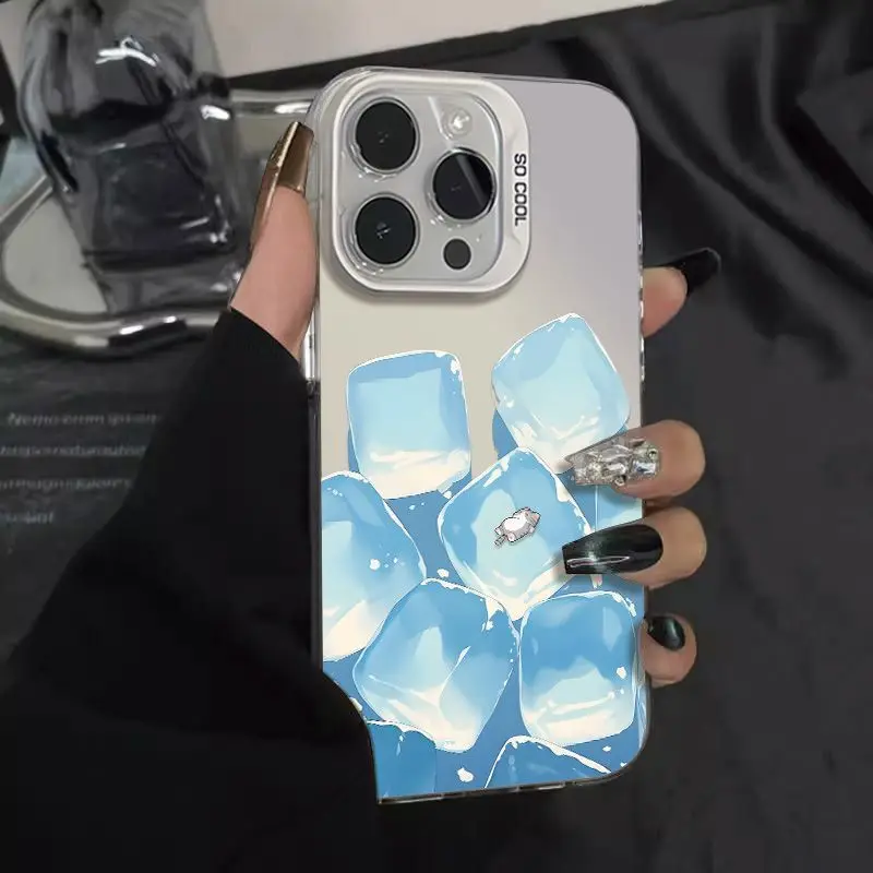 

Cat ice cube design phone case for iPhone 16 15 14 13 12 11 Pro/ Max/Plus shock-proof rear cover anti-fingerprint