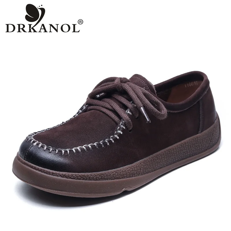 

DRKANOL 2024 Handmade Retro Genuine Leather Shoes Women Soft Soled Lace-Up Round Toe Comfort Casual Women Single Shoes Footwear