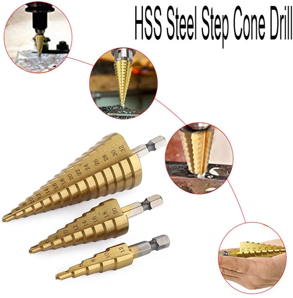 Pagoda Drill Hexagonal Handle Straight Groove Titanium Plated Step Drill Set Twist Drill Bit Opener three-piece Pagoda Drill Set