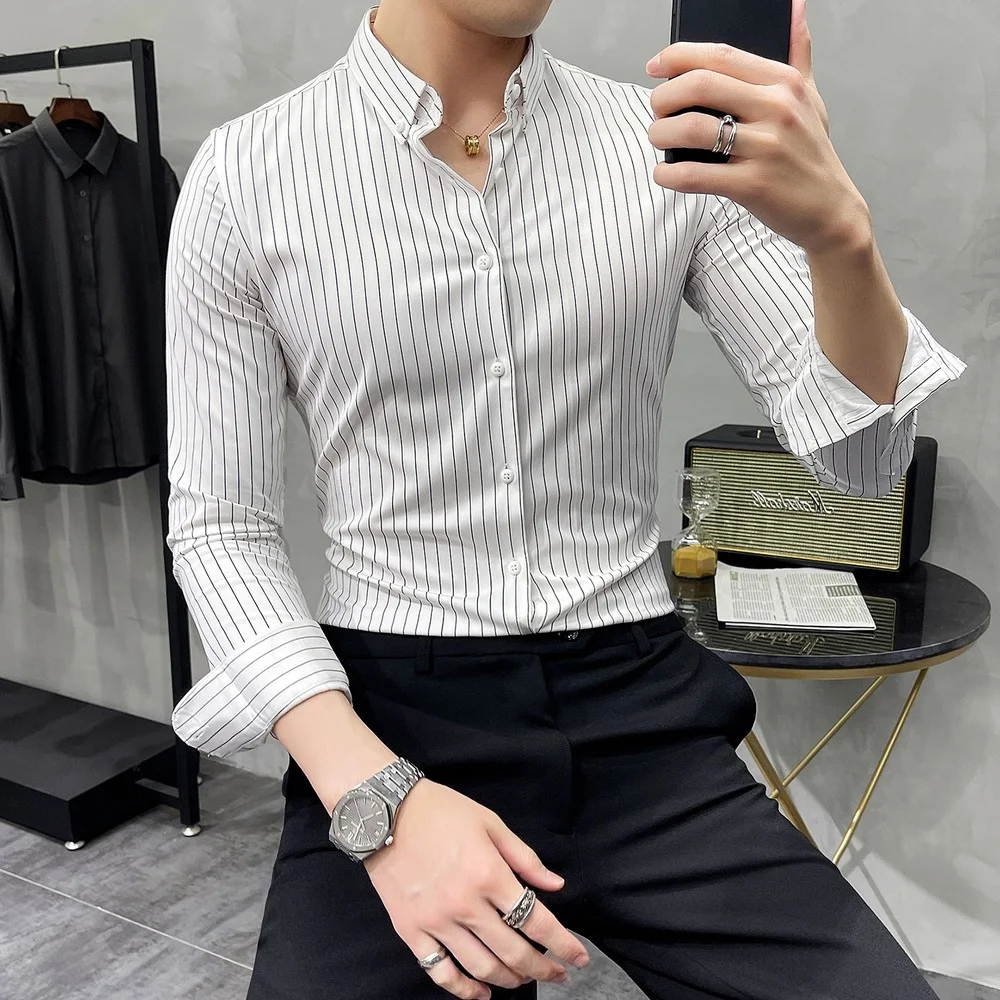 Striped Shirt Mens 2022 Spring New British Style Business Casual Long Sleeve Iron-Free Anti-Wrinkle Dress Shirt Mens Clothing