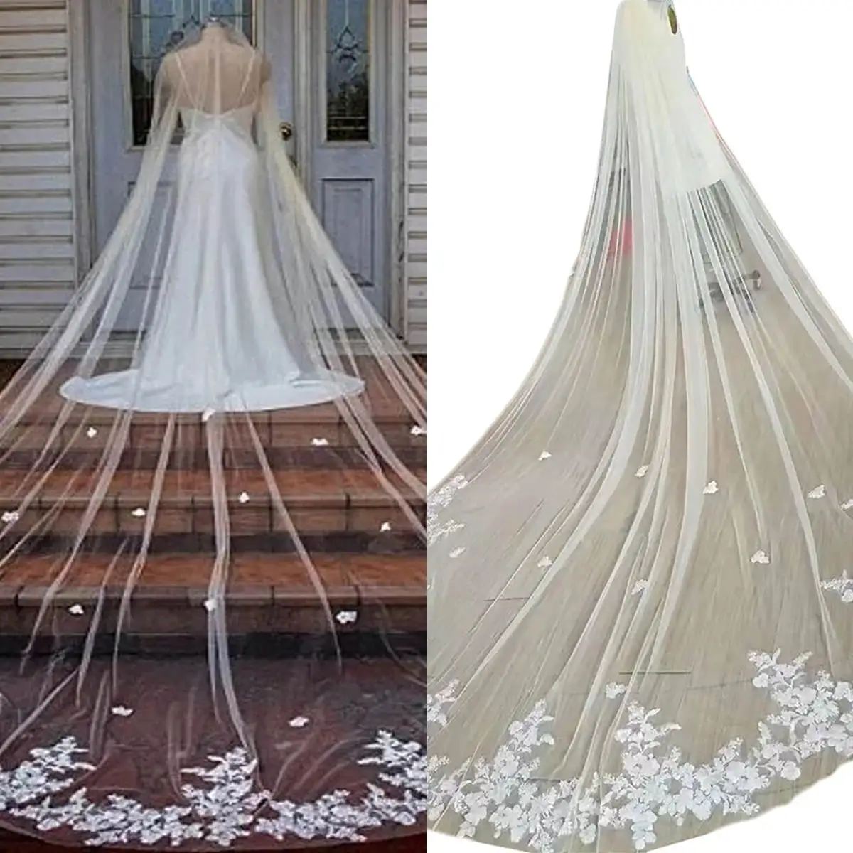 

Simple Wedding Veil One Layer Long Cathedral Length Veils Appliques Edge Velo De Cabeza With Comb Custom Made Bridal Accessories