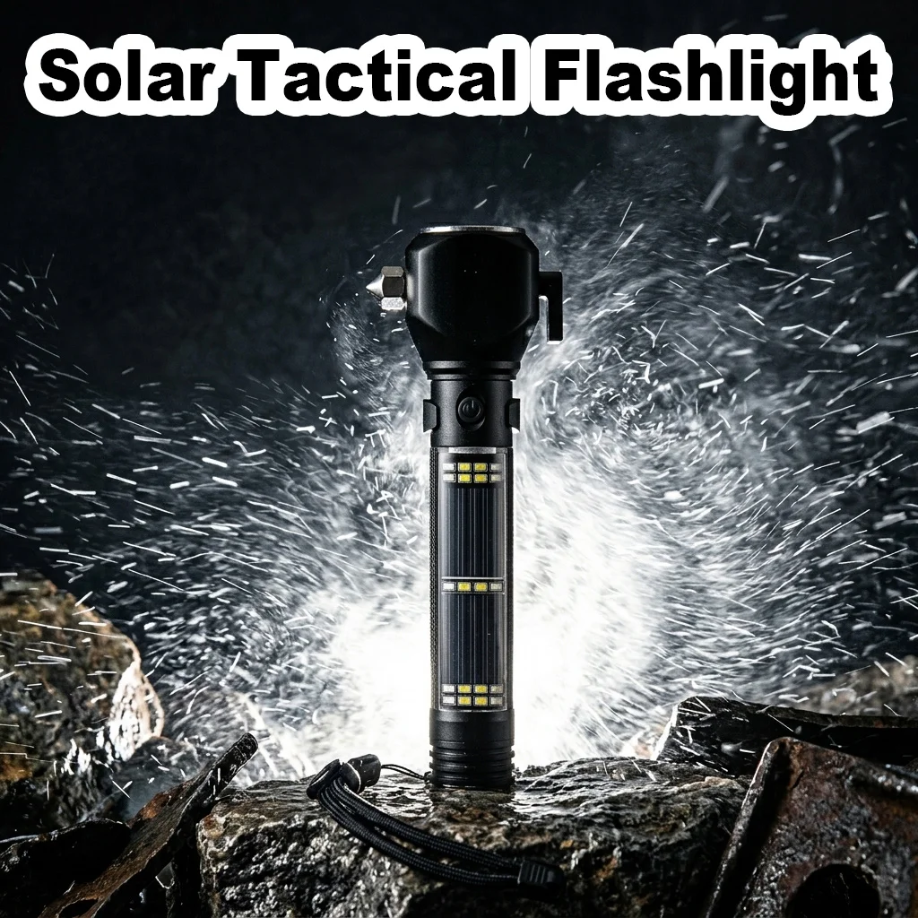 

Multi Function Solar LED Tactical Flashlight Window Breaker Rechargeable Waterproof High Power Torch Outdoor Camping Auto Rescue