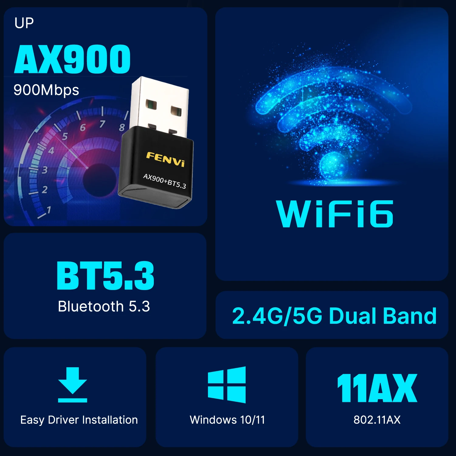 FENVI AX900 WiFi 6 Adapter BT5.3 Dual Band 2.4G/5GHz USB WiFi Network Wireless Wlan Receiver Dongle For PC Win10/11 Driver Free