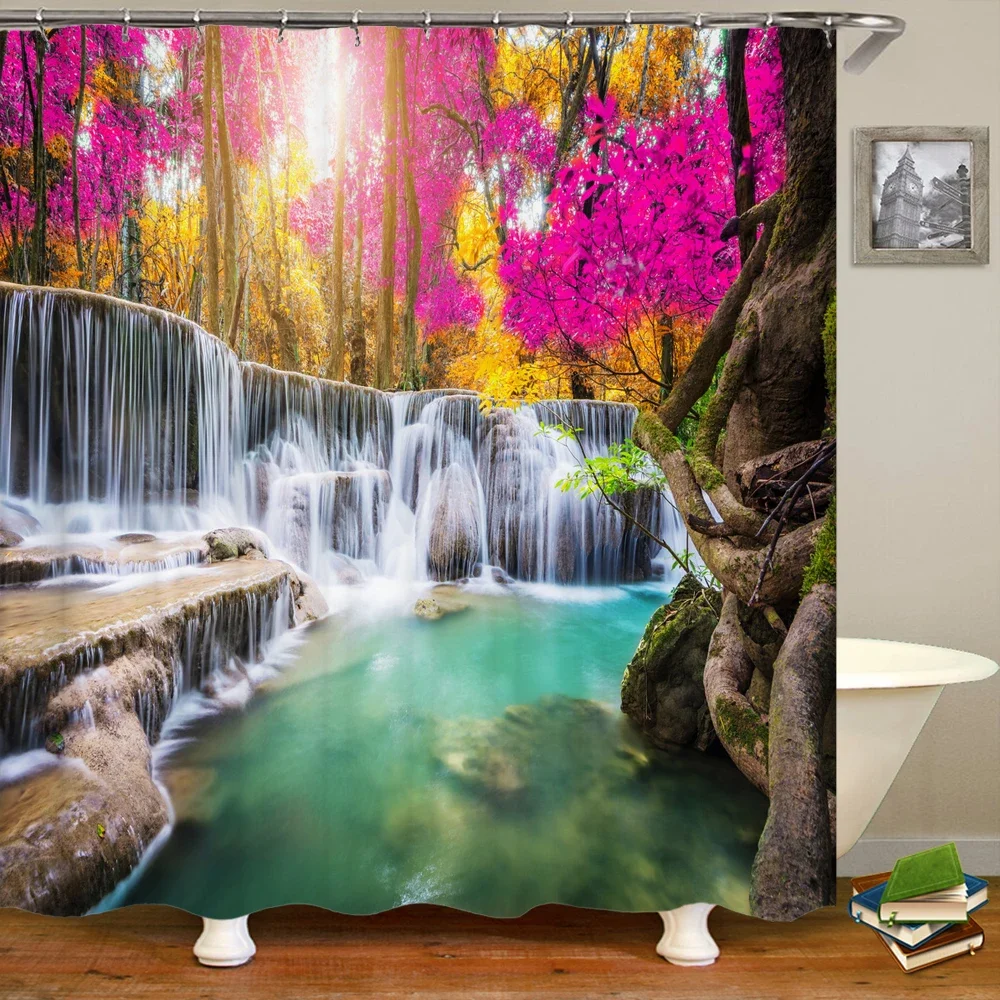 3D Shower Curtain Nature Forest waterfall landscape Bathroom Curtains Waterproof Fabric With Hooks Home Decoration Bath Curtain