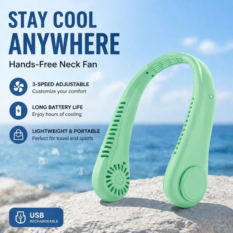 

Neck Fan, 3-Speed Adjustable, Portable USB Rechargeable, High Battery Life, Outdoor Sports, Hands-Free for Travel, Universal