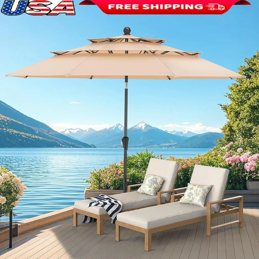 

10FT Patio Umbrella 3 Tier Outdoor Umbrella with Fiberglass Ribs Adjustable Tilt Mechanism Triple Ventilation Comfortable Shade