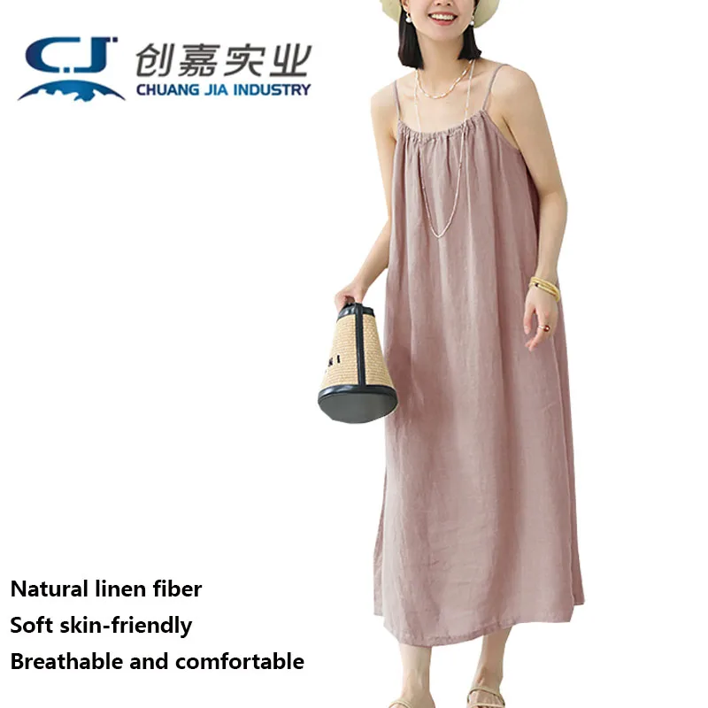 

Linen Summer Women's Suspender Dress Loose Cool Pure Cute Ginger Skirt Fat Girl 5XL Comfortable Breathable Hygroscopic Clothing