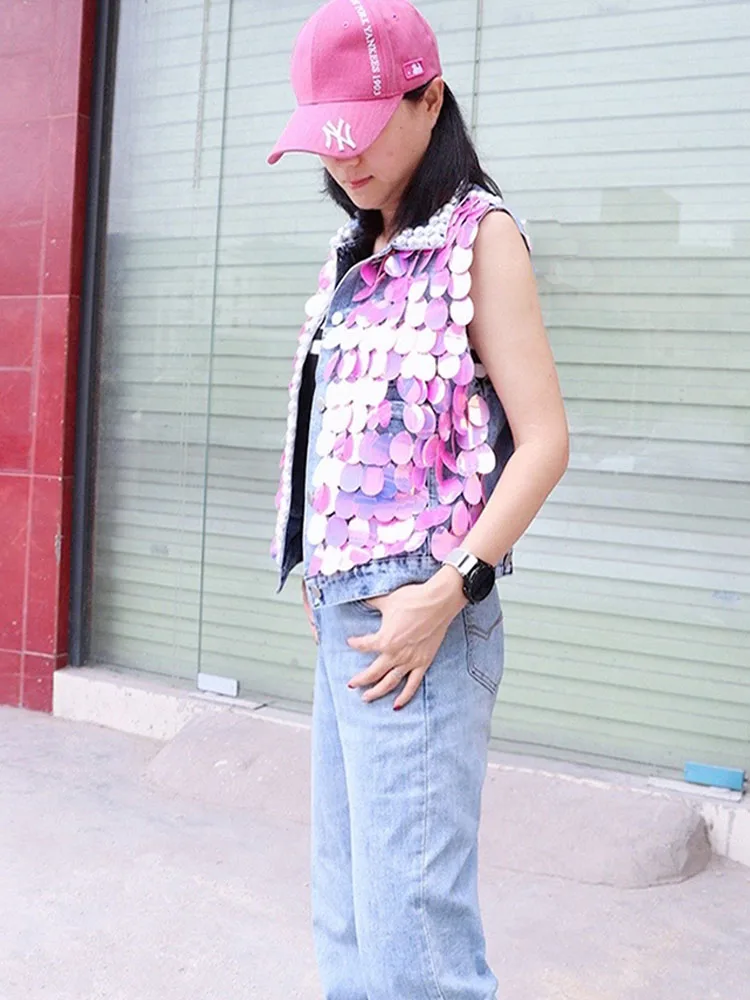Women's Pearls Beaded Sequins Denim Diamonds Short Cowboy Vest Spring Summer Crystal Cowboy Fashion Tanks Tops