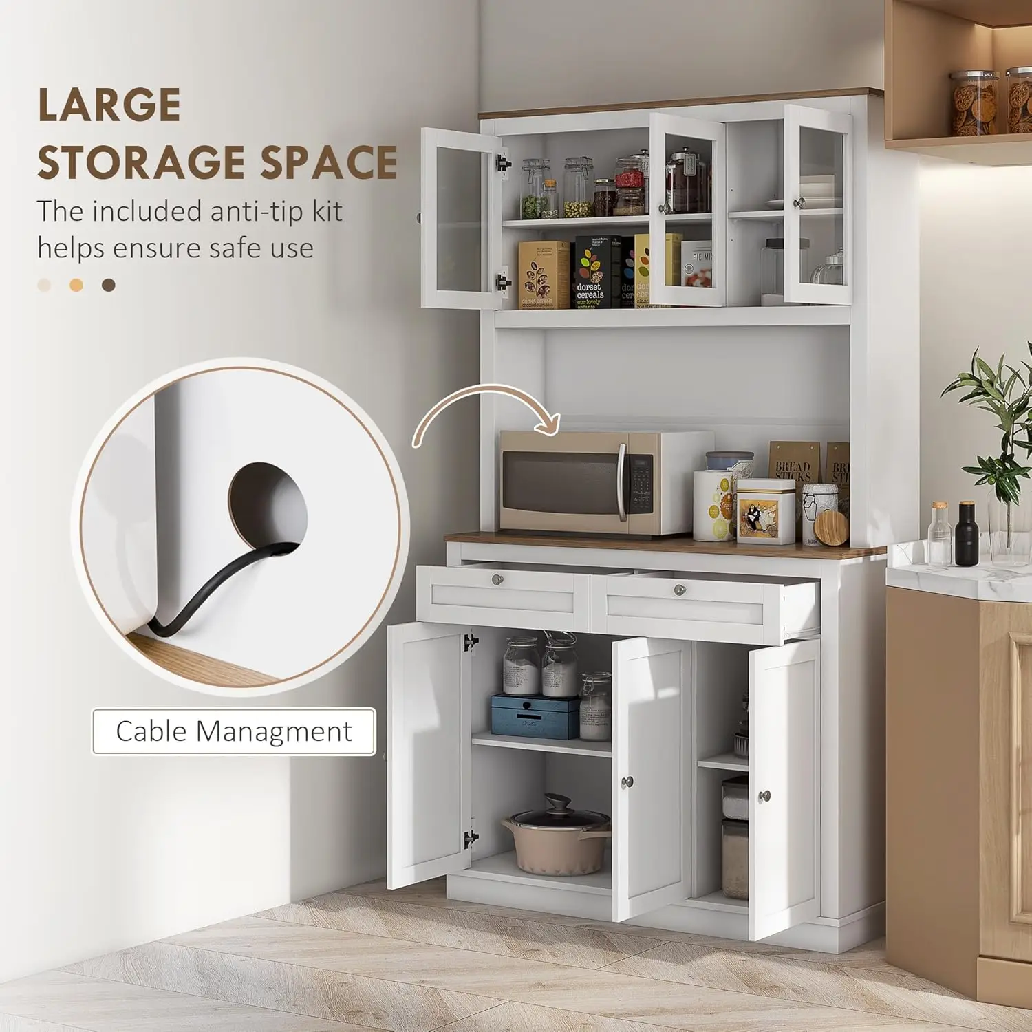 Zones com-Armoire de garde-manger de cuisine autoportante avec rangement, huche de cuisine avec support pour micro-ondes, étagères réglables et verre, 71 po