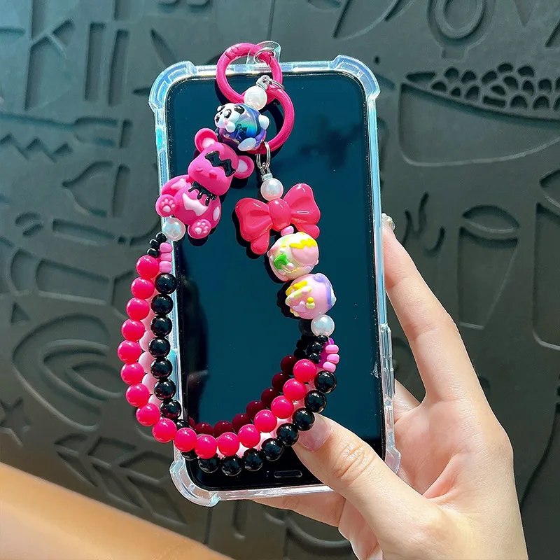 Colorful Dopamine Bear Phone Chain Cute Mobile Phone Lanyard Anti Lost Hand Bracelet Keychain Girl Short Straps Bow Beads Rope