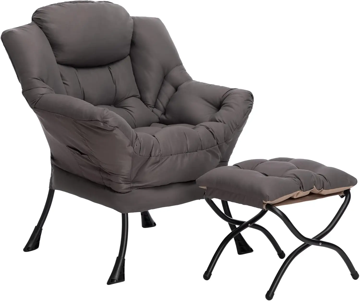 Fabric Lazy Chair with Foldable Ottoman, Accent Comfy Lounge Arm Chair and Folding Footrest Stool Set, Leisure Sofa Re