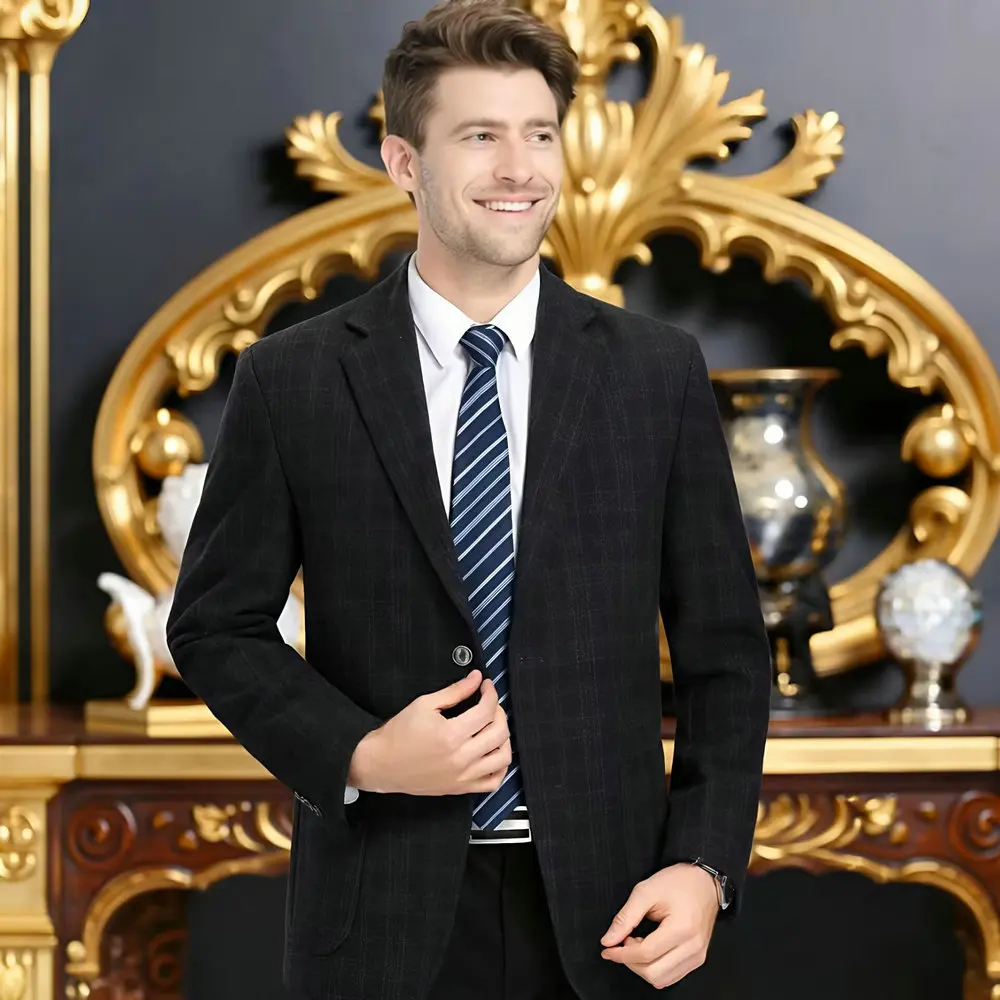 

Men Checkered Wool Blend Blazer Business Casual Tweed Suit Jacket Male Plaid Outfits (6 Sizes, Navy/Grey/Brown) Attire Timeless