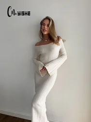 CNYISHE Knit Slash Neck Elegant Sexy Club Women Dresses Long Sleeve Bodycon Sheath Fashion Hip Wrap Slim Female Vestidos Robes