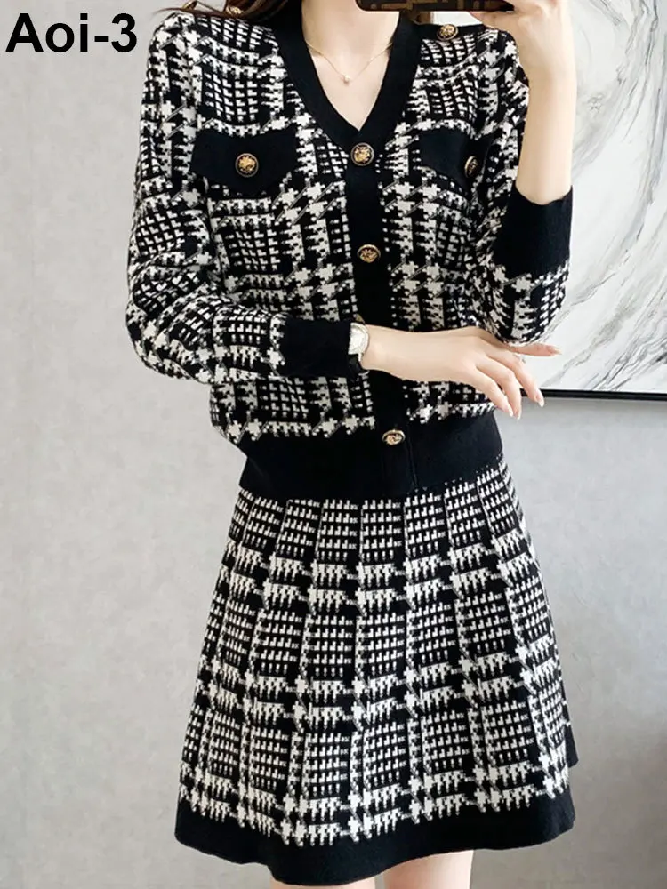 Fashion Elegant Plaid Knitted Suit Women 23 Autumn Winter Contrast Color V-Neck Gold Button Cardigan+A-Line Skirt Two-Piece Set