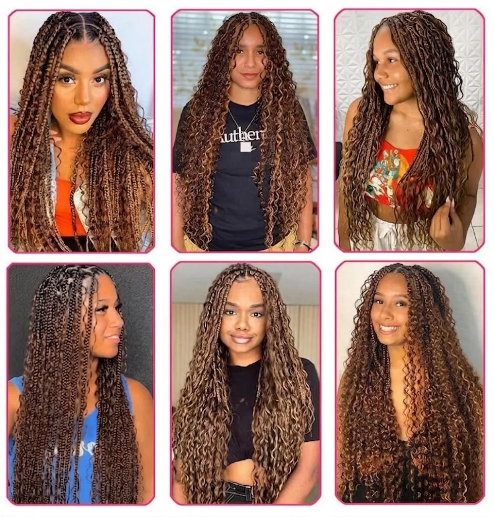 #4/27 Highlight Colored  Boho Braids Deep Wave Feather Crochet Human Hair Extensions Pre-Separated Invisible Miracle Knots Crochet Hair 100% Raw Brazilian Human Hair for Braiding Lightweight Reusable Versatile Time-Saving Hairstyles for Women - view 7
