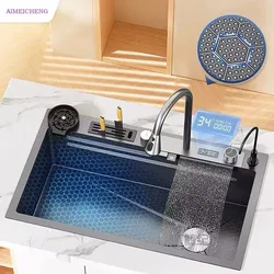 Fregadero de cocina en cascada con pantalla Digital, gran ranura única, Nano fregadero de acero inoxidable, panal debajo de la encimera, fregadero de cocina en relieve