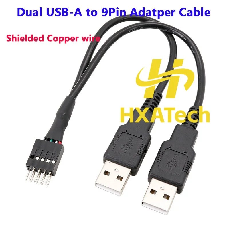 HXATech -Dual USB A Male to 9Pin Dupont Connector Adapter 2xUSB to mainboard 9-pin Y Splitter Adapter Double Shield Copper Wire