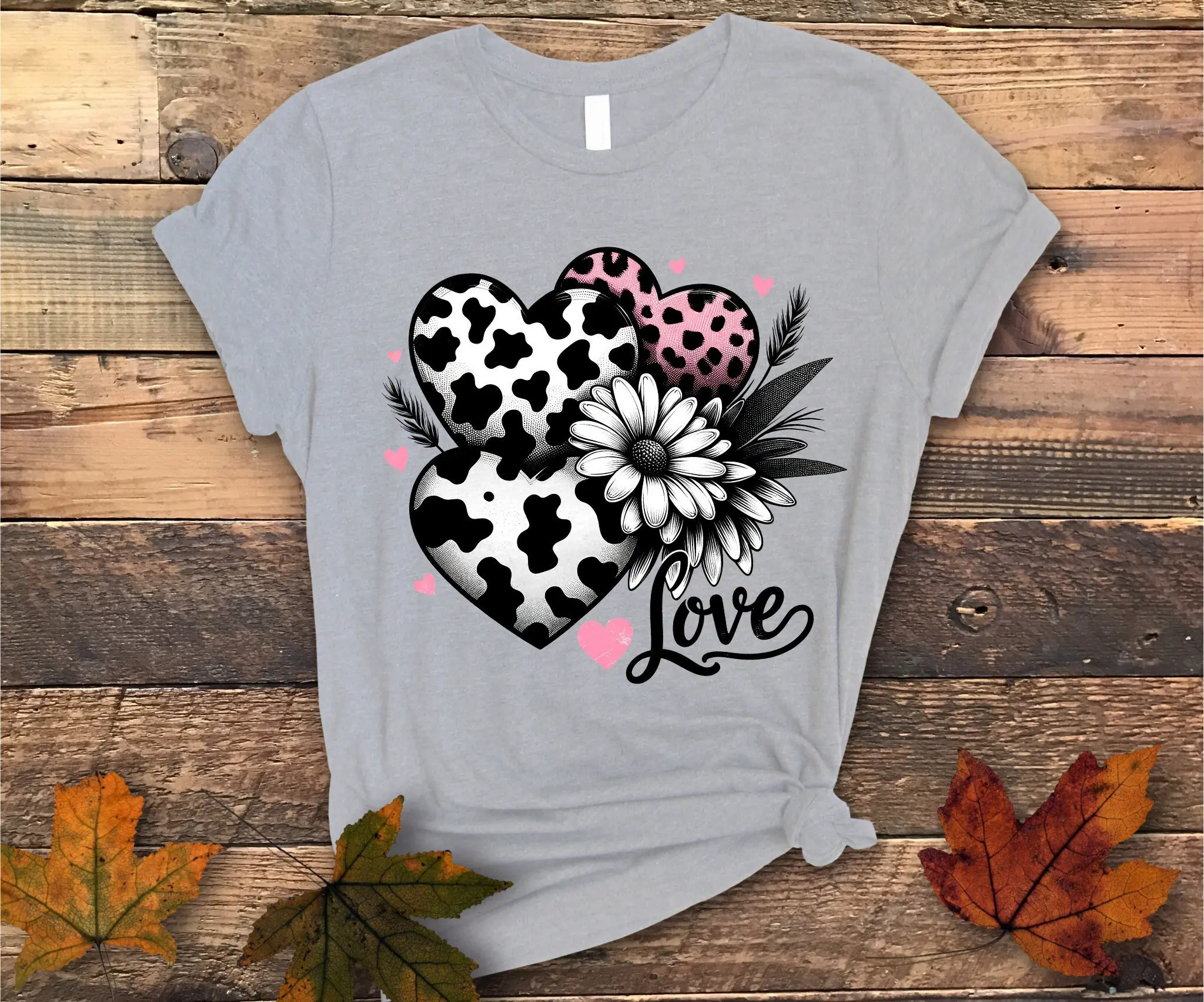 Valentine's Day Love T Shirt Heart Cluster Leopard Print DTG Design Romantic Fashionable Top For Her Him