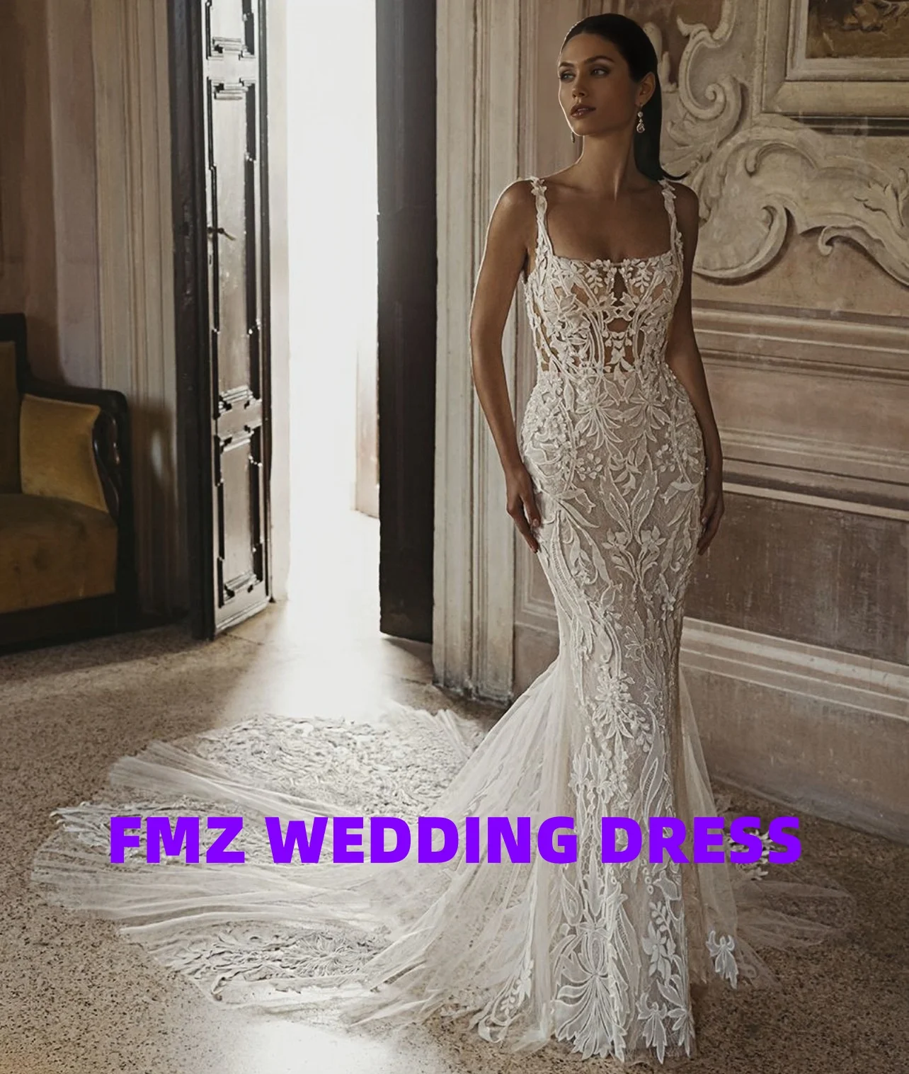 Customized Square collar sleeveless mermaid elegance amanda novias vestidos de novia amanda's novias wedding dress