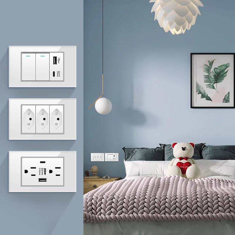 PSSRISE American standard Wall Light Switch Power Socket with USB Type-c Charger White Tempered Glass Panel Wall Thai  Outlet images - 6