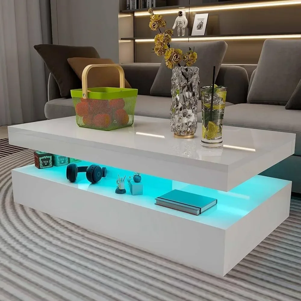 LED Coffee Table, Modern High Gloss Coffee Table with Remote Control Adjustable Speed Brightness Transfer Mode, RGB Colors