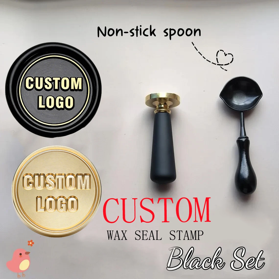 Kit de sellos de cera personalizados, incluye sello de cera personalizado de 25 mm y mango, cuchara de cera antiadherente, adecuado para regalo.