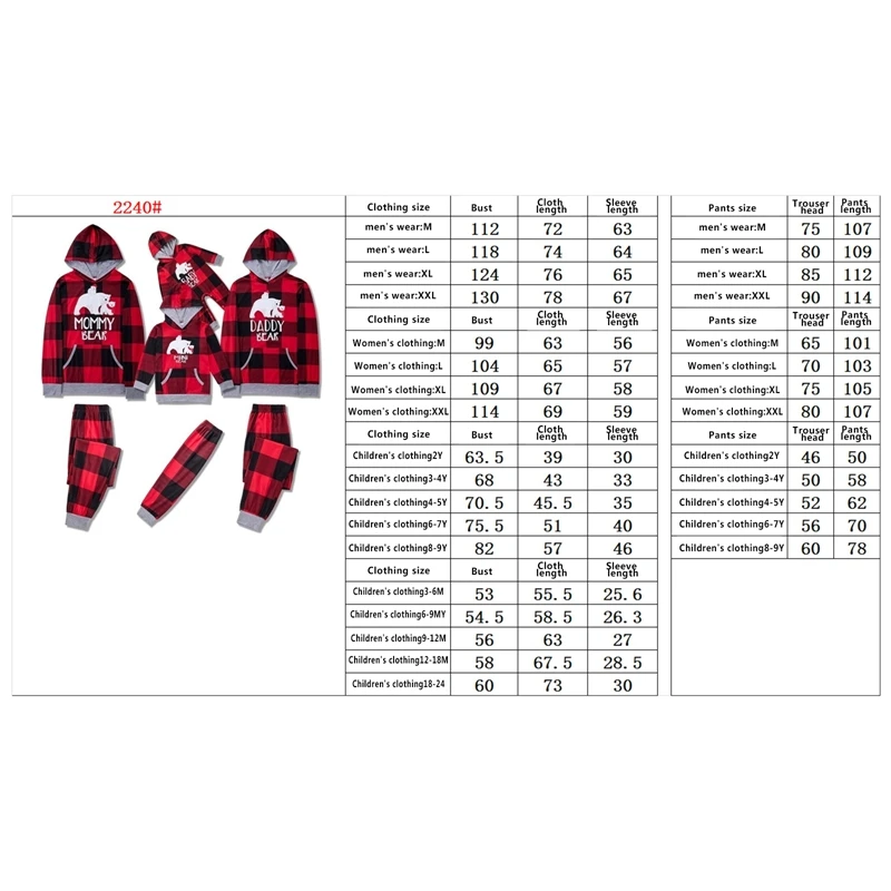 Christmas Family Matching Tracksuits Adult Kids Bear Print Plaid Pullover Hoodie Sweatshirt and Casual Sweatpants