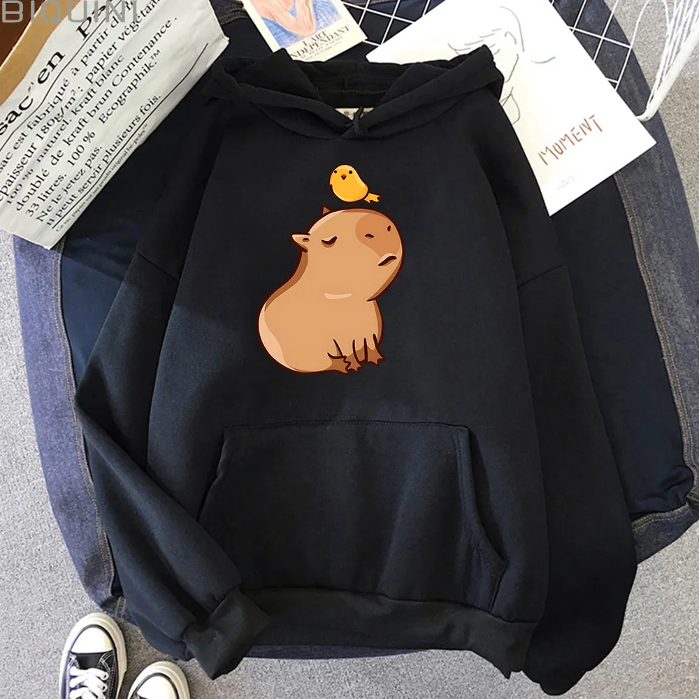 Capybara with His Bird Friend Hoodies Women Kawaii Animal Cartoon Graphic Sweatshirt Boys/girls Long Sleeve Mens Top Y2k Clothes