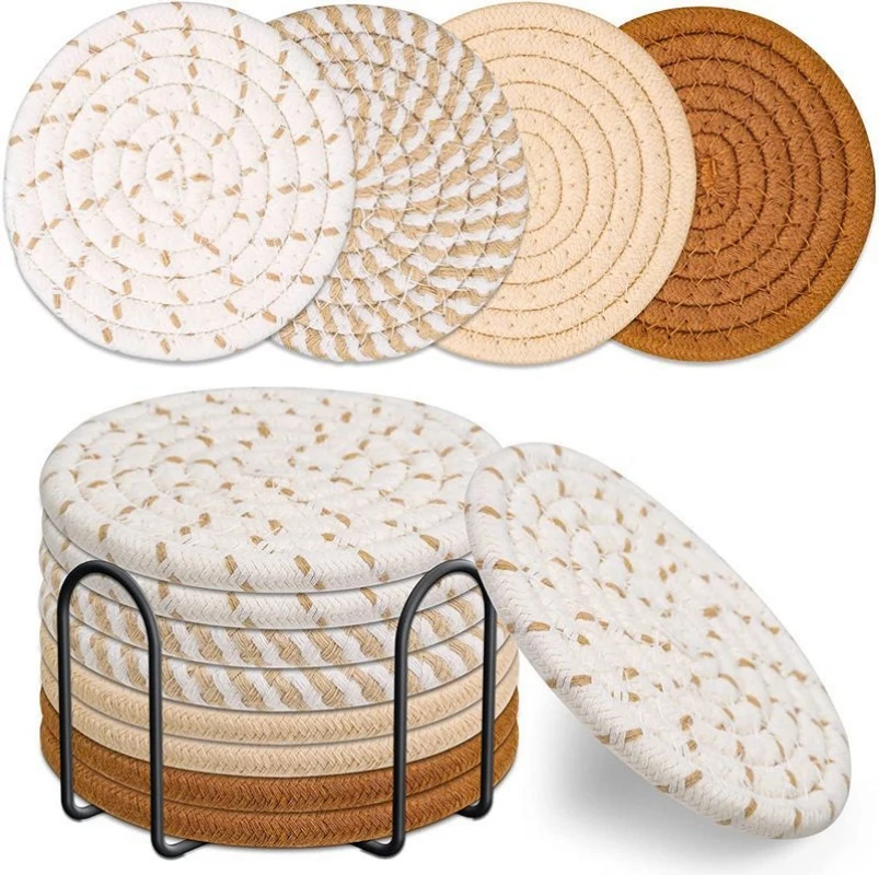 

8 PCS Coasters Cotton Rope Woven Placemat Set with Holder,4 inch Insulation Mat For Bowls Plates,Table Protector Gift & Home Dec