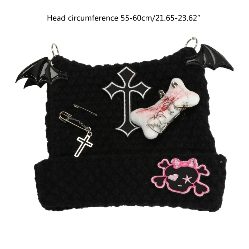 Gorro con orejas gato elástico estilo Punk, gorro tejido negro con joyería colgante para mujer, gorro cálido para mantener