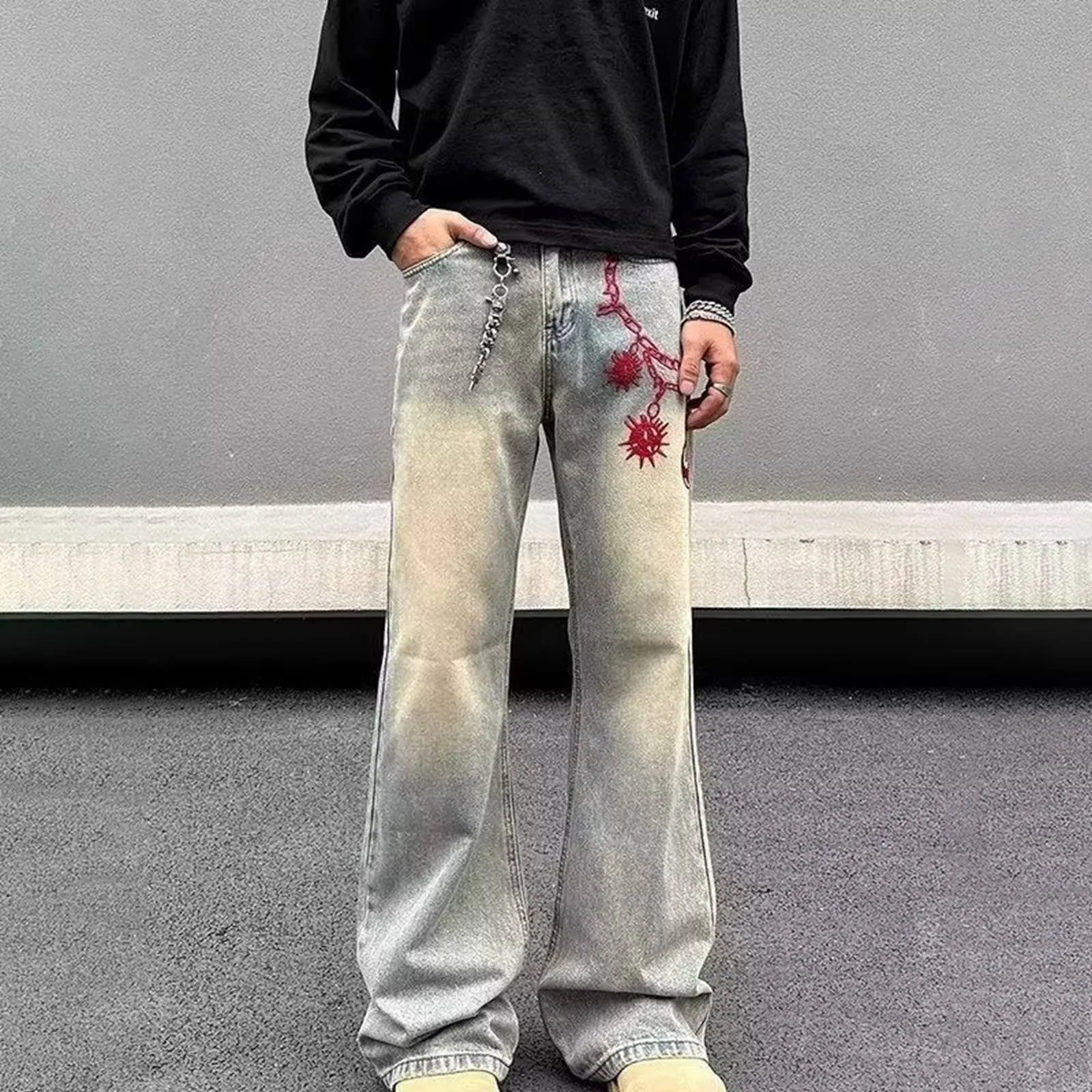 

Men's Embroidered Straight Leg Casual Jeans Flared Denim Trousers For Comfort And Style