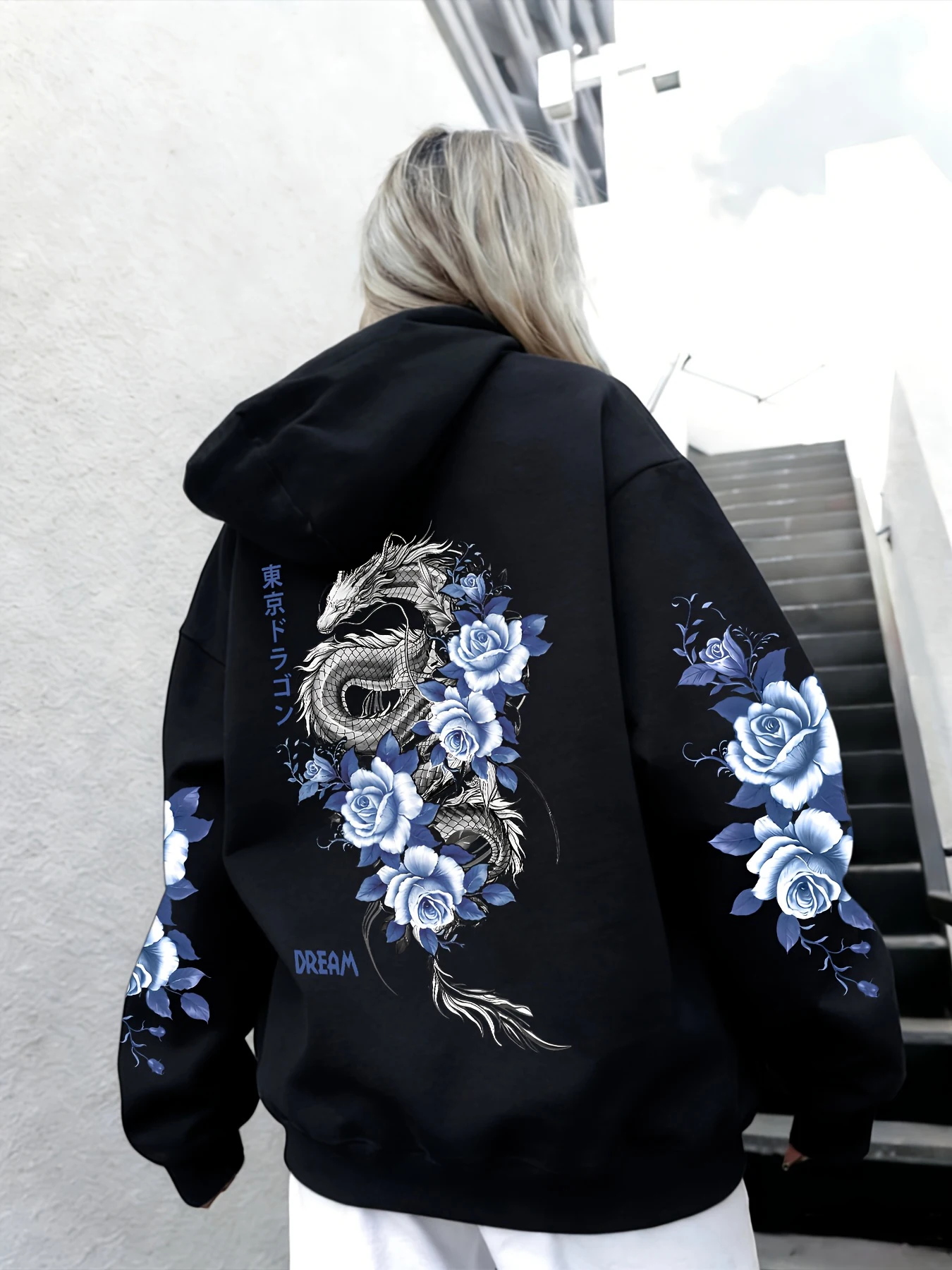 Japanische Tokyo Blue Rose Dragon bedruckte Damen-Hoodies, lockerer Pullover mit Tasche, Herbst-Fleece-Hoodie, Y2K Koreanischer Jogging-Streetwear – Detail 11