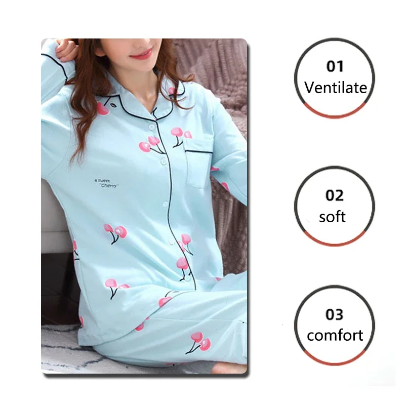 Four Seasons Women Pajamas Set with Lapel Top and Long Pants Checkered Striped Printed 2 Piece Set Ladies Nightwear Homewear image 4